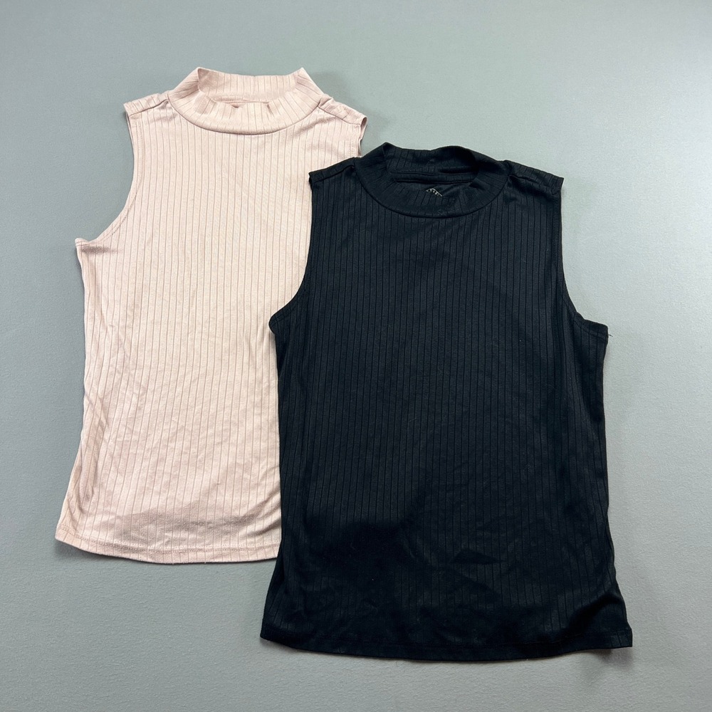 Lot Of 2 One Step Up Tank Top Women Small Black Pink Ribbed Mock Neck Sleeveless